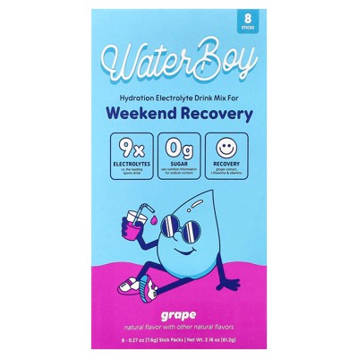 Waterboy Weekend Recovery, Hydration Electrolyte Drink Mix, Grape, 8 Stick Packs, 0.27 oz (7.6 g) Each