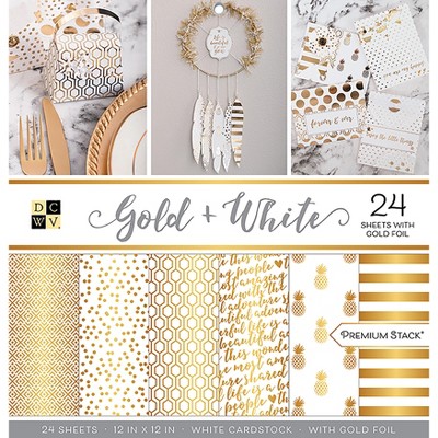 DCWV Single-Sided Cardstock Stack 12"X12" 24/Pkg-Gold & White, 12 Des/2 Each, Half W/Foil