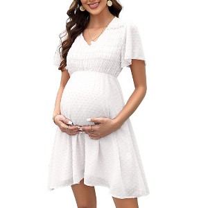 Coolmee Women Summer Midi Dress Maternity Casual Short Sleeve V-Neck Polka Dot Sundress - 1 of 4