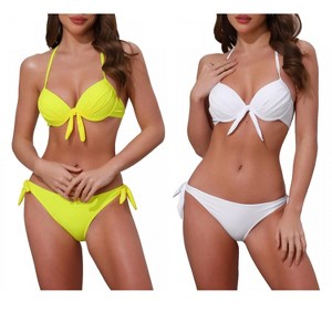 INSPIRE CHIC Women's Knot Twist Halter Double Straps Tie Back Bra Triangle Bottoms Swimwear Bikini Sets 2 Sets - 1 of 4