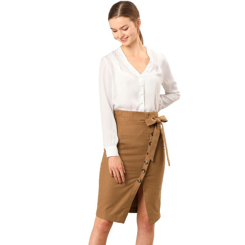 Allegra K Women's Vintage Button Decor Belted Split Front Knee Length Pencil Skirt, 3 of 8
