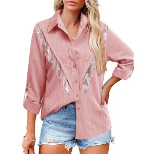 Nlife Womens Rhinestone Fringe Shirt Top Western Cowgirl Cowboy Rodeo Sparkly Tassel Long Sleeve Button Down Shirts Nashville Country Concert Outfit - 1 of 4