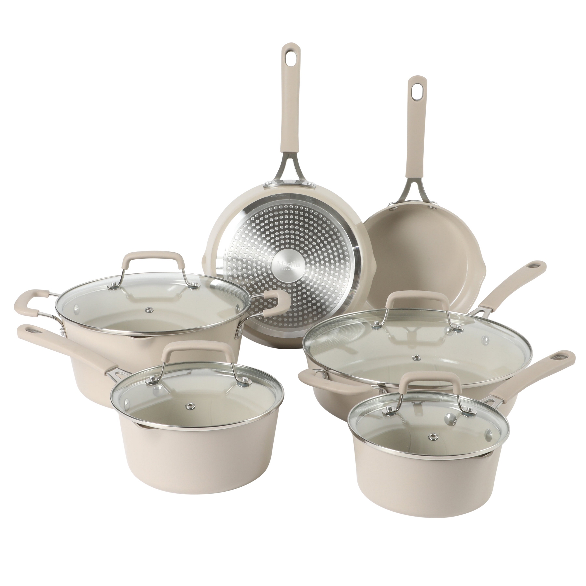 Martha Stewart Heathland Nonstick Ceramic Interior 10-Piece Aluminum Cookware Set - Linen White