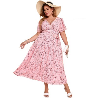 Coolmee Women Summer Maxi Dress Plus Size V Neck Wrap Floral Print Short Sleeves Ruffle Tiered Dress with Belt 2XLPink base with pink red