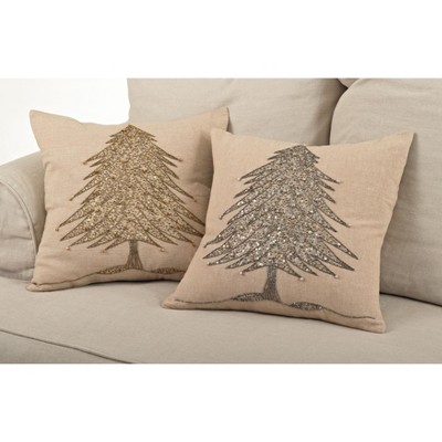 Gold Beaded Christmas Tree Embroidered Square Pillow