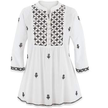 Collections Etc Intricate Embroidered 3/4 Sleeve Woven Cotton Tunic