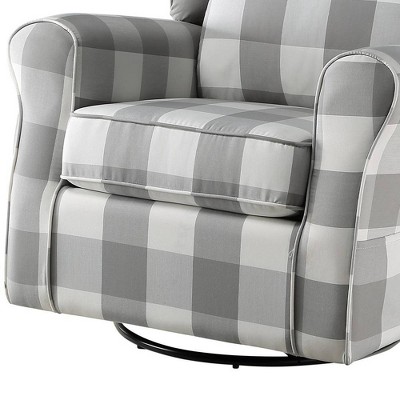 Gray Plaid Swivel Accent Chair with Wood Frame