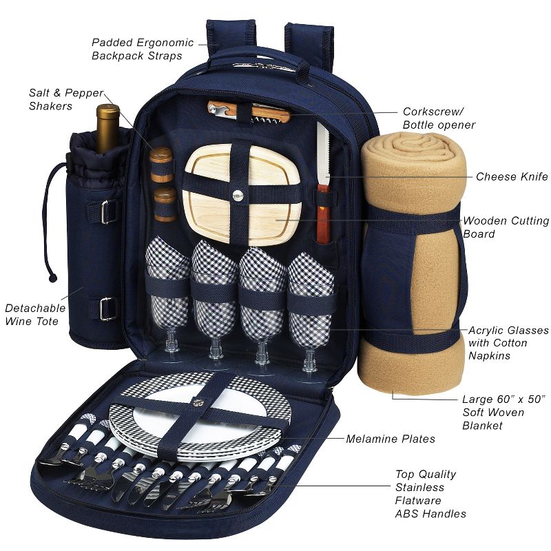 Picnic at Ascot Original Equipped Picnic Backpack for 4 with Blanket & Extra Separate Bonus Cooler, 3 of 8