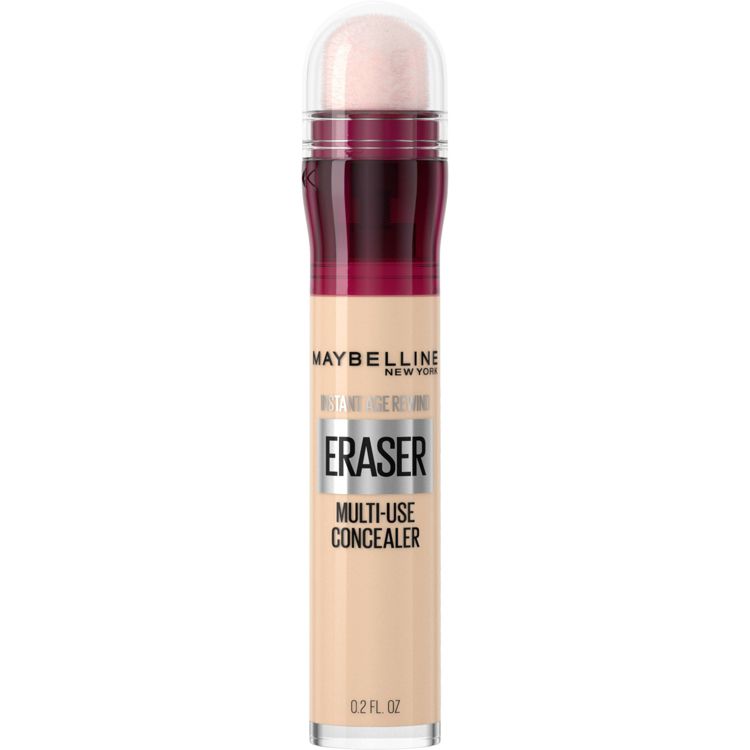 A tube of Maybelline New York Instant Age Rewind Eraser Multi-Use Concealer with a sponge applicator and 0.2 fl oz label.