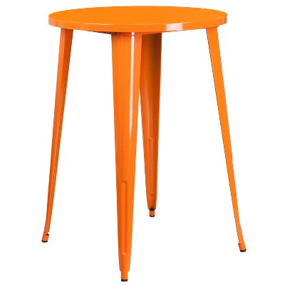 Retro-Modern Orange Metal 30" Bar Table Set with 2 Slat Back Stools