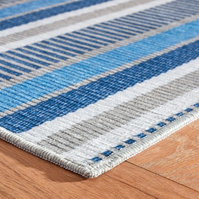 Blue and Grey Stripe Synthetic Washable 4' x 6' Rug