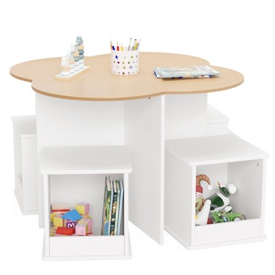 Toddler Table and Chair Set with 4 Storage Stools, Flower Shaped Nesting Design Table with Built-in Pen Holder, Kids Table, Natural & White