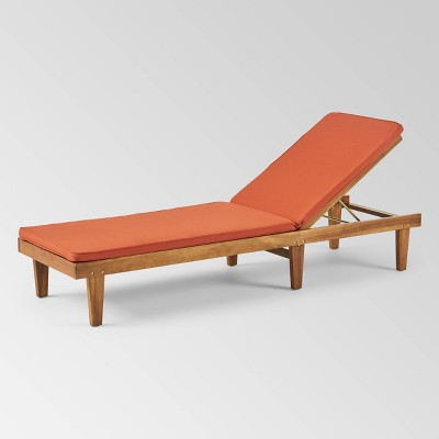 Teak Finish Acacia Wood Chaise Lounge with Rust Orange Cushion