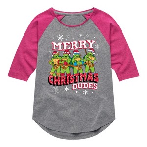 Girls' - Teenage Mutant Ninja Turtles - Merry Christmas Dude Shirt Tail Raglan Graphic T-shirt - 1 of 4