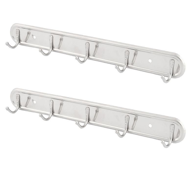 Unique Bargains Washroom Wall Mounted 5 Hooks Towel Hat Coat Small-Sized Hooks and Hangers Silver Tone 2 Pcs, 1 of 6