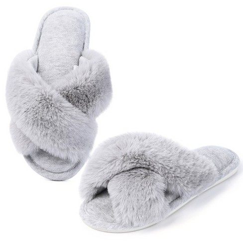 Slippers for Women Cross Band Soft Plush Furry Open Toe House Shoes Indoor Outdoor