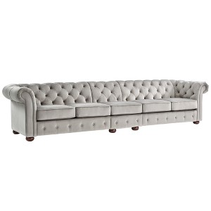 Inspire Q 5 Seats Beekman Place Button Tufted Chesterfield Velvet Extra Long Sofa Smoke Gray, Grey Gray