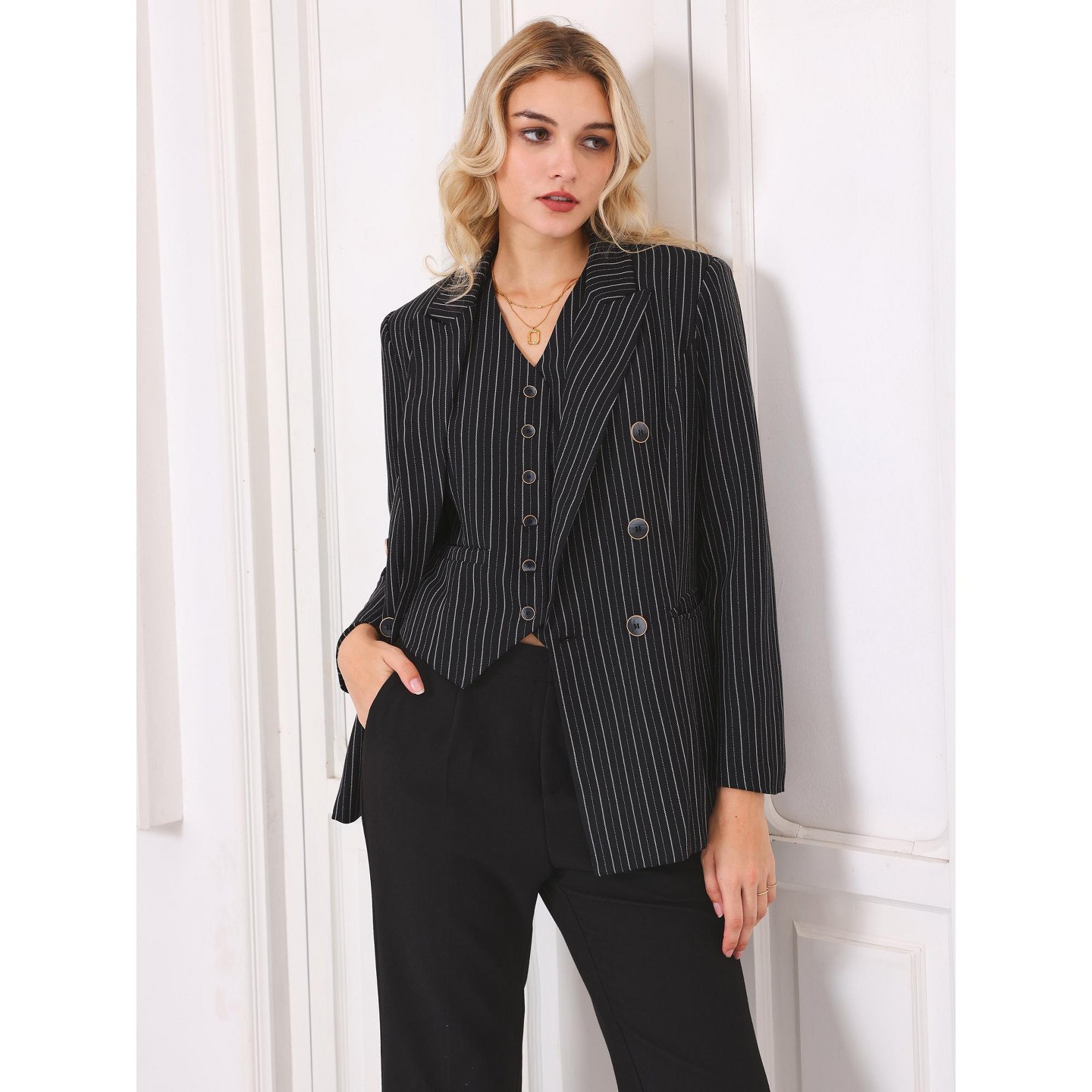 Женский пиджак INSPIRE CHIC Office Dressy Blazer Casual Double Breasted Striped Suit Jacket X-Large Black, цвет: Полосатый — фото 2