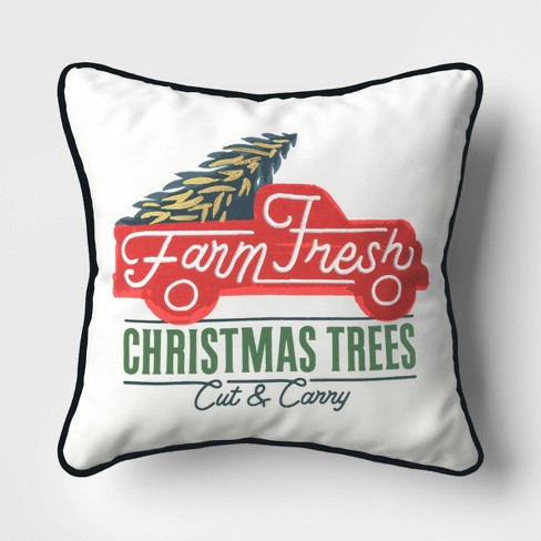 Farm Fresh Tree Pillow, Red Truck Christmas Pillow, Xmas Pillow