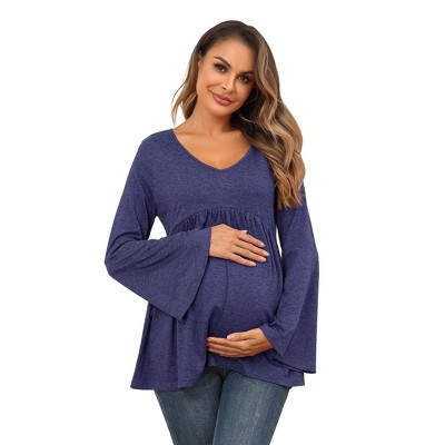 Coolmee Womens Maternity Tops Casual Bell Long Sleeve Shirts Babydoll Peplum Tops V Neck Pleated Tunic Dressy Blouses