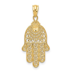Black Bow Jewelry 14k Yellow Gold Diamond-Cut Filigree Hamsa Pendant, 13 x 29mm - 1 of 4