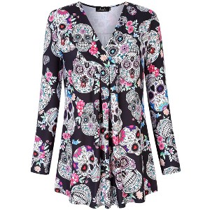Plus Size Women's Halloween T-Shirt - V-Neck Long Sleeve Ultra Soft Stretch for Fall Holiday Wear - 1 of 4