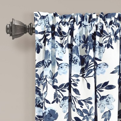 Navy and White Floral Print Blackout Curtain Panels