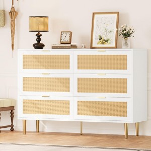 Rattan Dresser for Bedroom, Modern 6 Drawer Double Dresser with Gold Handles, Wood Storage Chest of Drawers fo Bedroom,Living Room,Hallway - 1 of 4