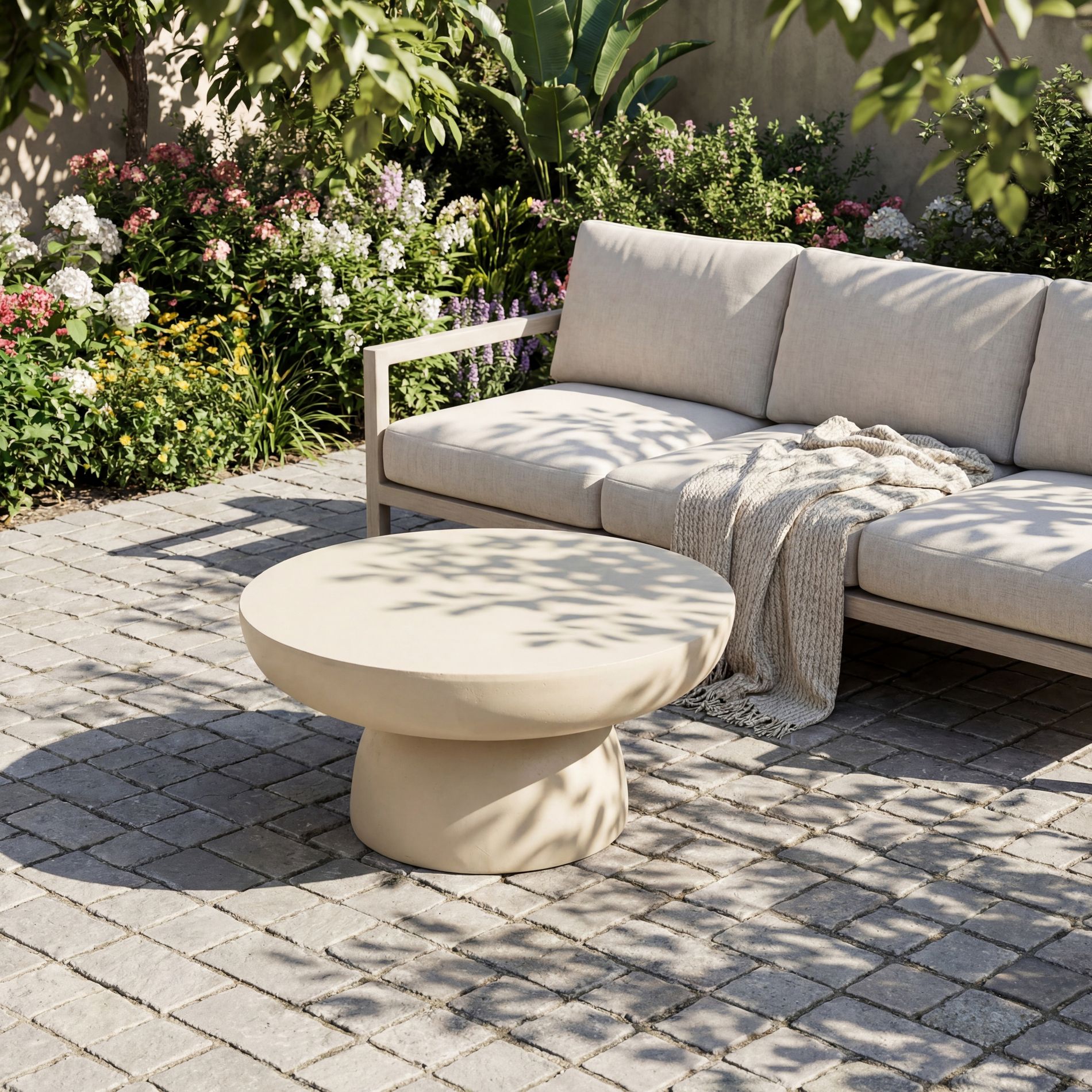 Christopher Knight Home Bellamy Outdoor Modern Lightweight Concrete Round Coffee Table, Cream Off-White