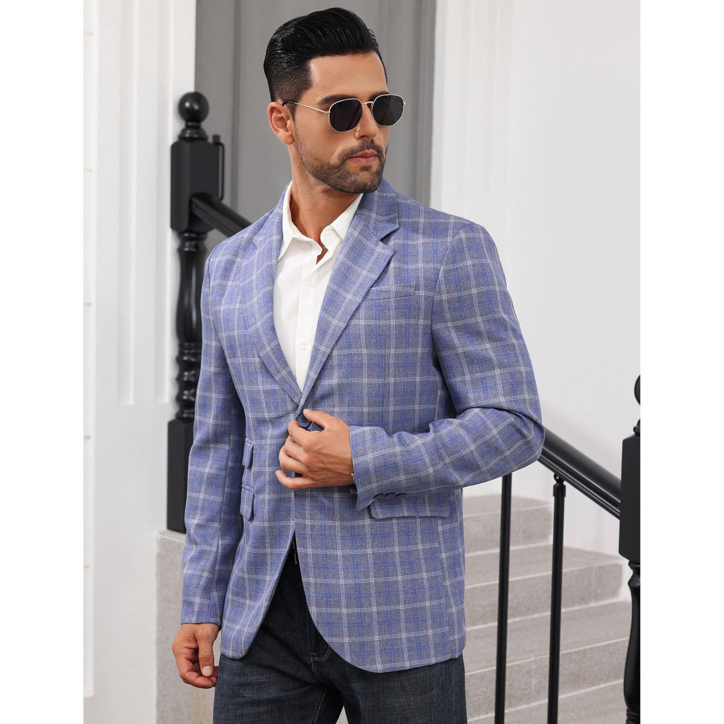 Мужская куртка YesFashion Button Down Blazer Casual Business Long Sleeve Lightweight Coat Jacket with Pockets Blue, цвет: Синий — фото 1