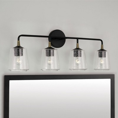Amara Matte Black and Brass 4-Light Vanity with Seeded Glass
