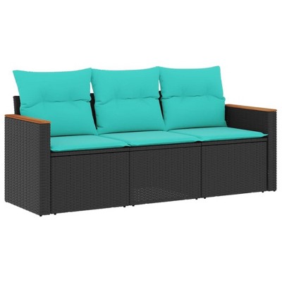 vidaXL 3 Piece Patio Sofa Set with Cushions Black Poly Rattan - Black and Blue Without Table