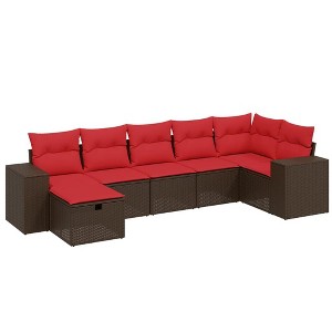 vidaXL 7 Piece Patio Sofa Set with Cushions Brown Poly Rattan - 1 of 4