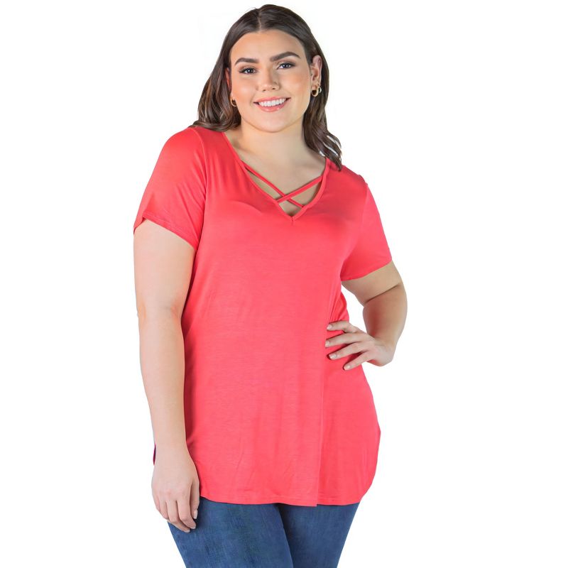 24seven Comfort Apparel Womens Plus Size V Neck Criss Cross Neckline T Shirt Tunic Top, 5 of 7
