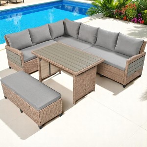 5-Piece Outdoor Rattan Sectional Sofa Set with Extendable Side Tables, Dining Table & Washable Cushions – Seats 7, Durable & Comfortable - 1 of 4