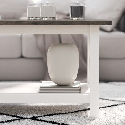 Acacia Gray and Rustic White Rectangular Wood Coffee Table with Lower Shelf