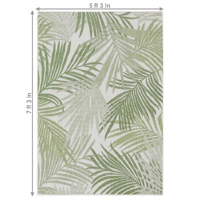Verdant Tropical Illusions Light Green Leaf Pattern 5' x 7' Outdoor Rug