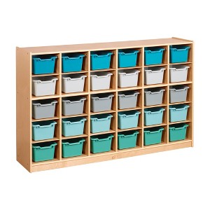 ECR4Kids 30 Cubby Mobile Tray Cabinet with 30 Scoop Front Storage Bins, 5x6, Natural - 1 of 4