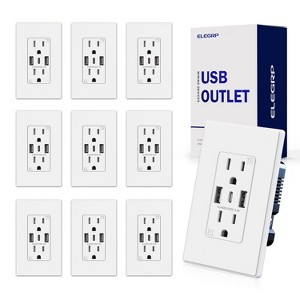 ELEGRP 3 Ports Dual Type A & Type C USB Charger Wall Outlet, 15 Amp Tamper-Resistant Outlet, with Wall Plate, White(10 Pack) - 1 of 1