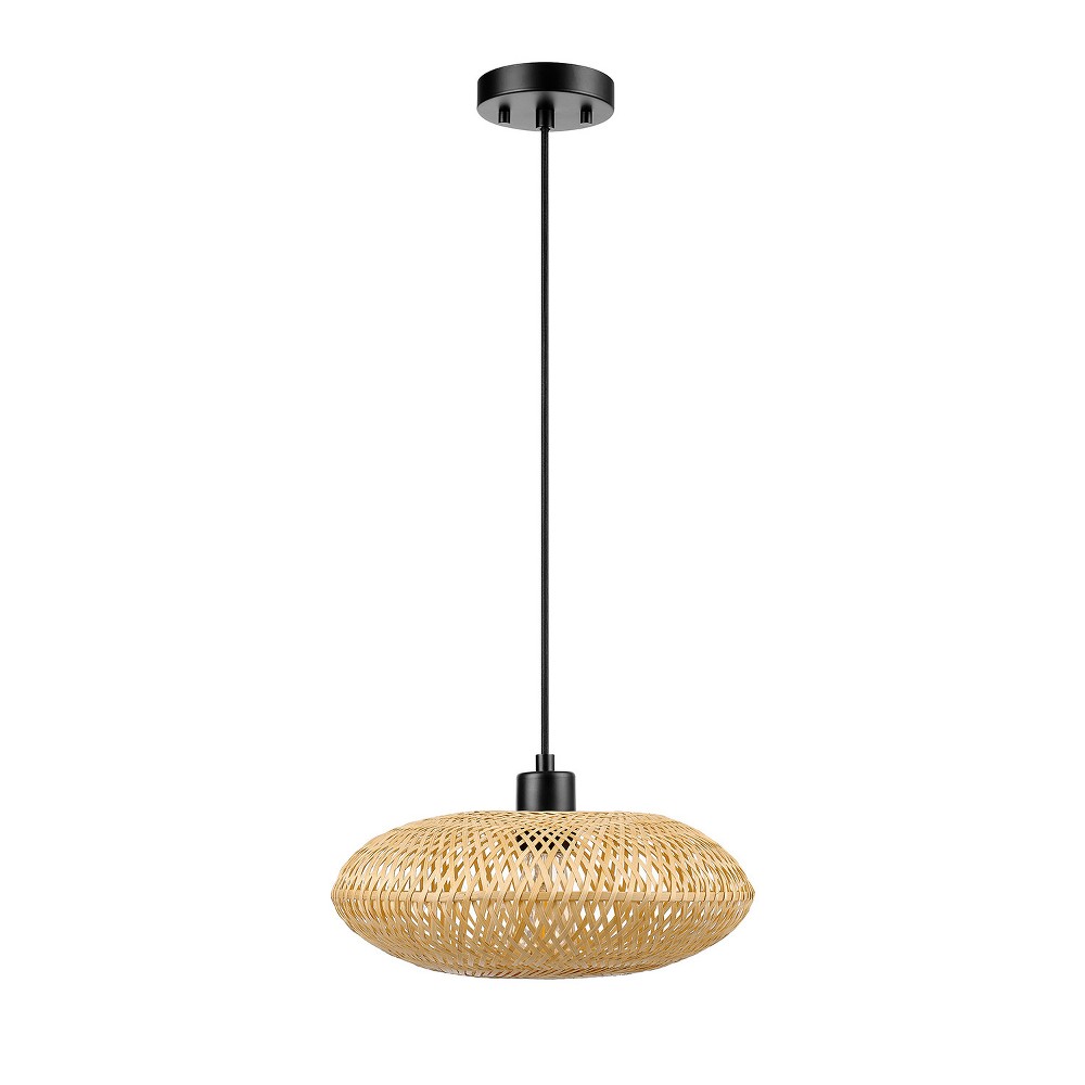 Photos - Chandelier / Lamp Globe Electric 1-Light Matte Black Pendant Light with Blonde Bamboo Shade