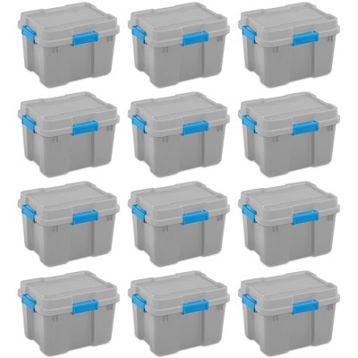Sterilite 20 Gallon Heavy Duty Plastic Home Organizing Stackable Storage Container Tote Box with Secure Latching Lid, Gray/Blue, (12 Pack)