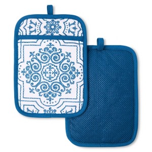 Martha Stewart 2pk Strie Medallion Pot Holder Set Navy Blue: Classic Woven Cotton & Polyester Kitchen Textiles, 10"x7" - 1 of 4