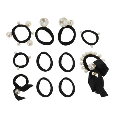 Unique Bargains Elegant Bow Pearl Scrunchies Hair Elastic Band Black White 11 Pcs
