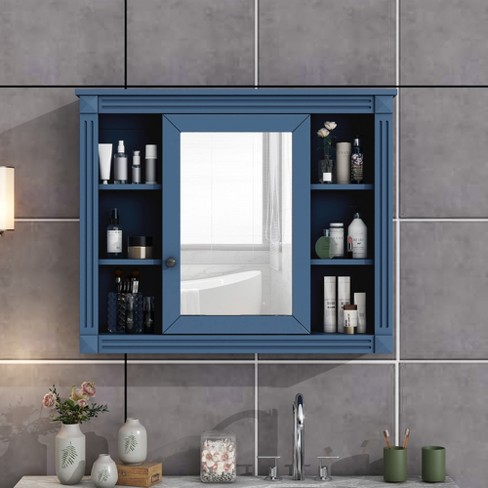 Basicwise Wall Mount Bathroom Mirrored Storage Cabinet With Open Shelf