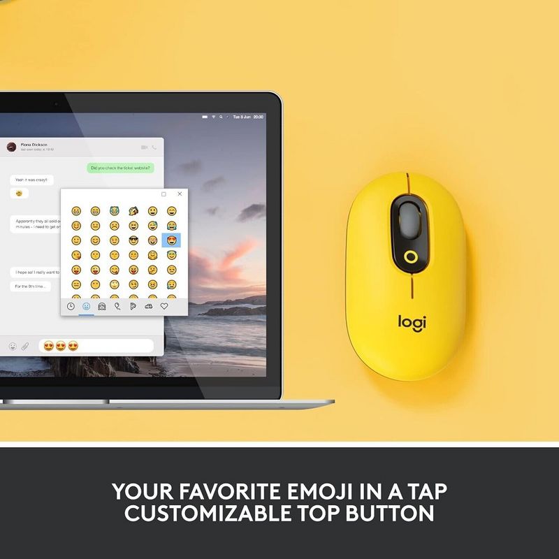 Logitech POP Mouse, Wireless optical Mouse with Customizable Emojis, SilentTouch Technology Blast Yellow, 3 of 10