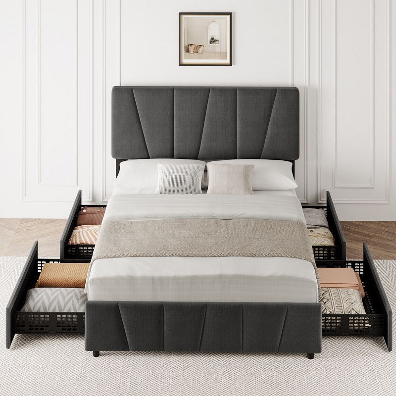 Whizmax Bed Frame with Adjustable Headboard and 4 Storage Drawers, Upholstered Platform Bed Frame with Wooden Slats Support, Dark Grey, 3 of 9