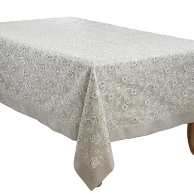 Silver Floral Embroidered Rectangular Tablecloth 65" x 120"