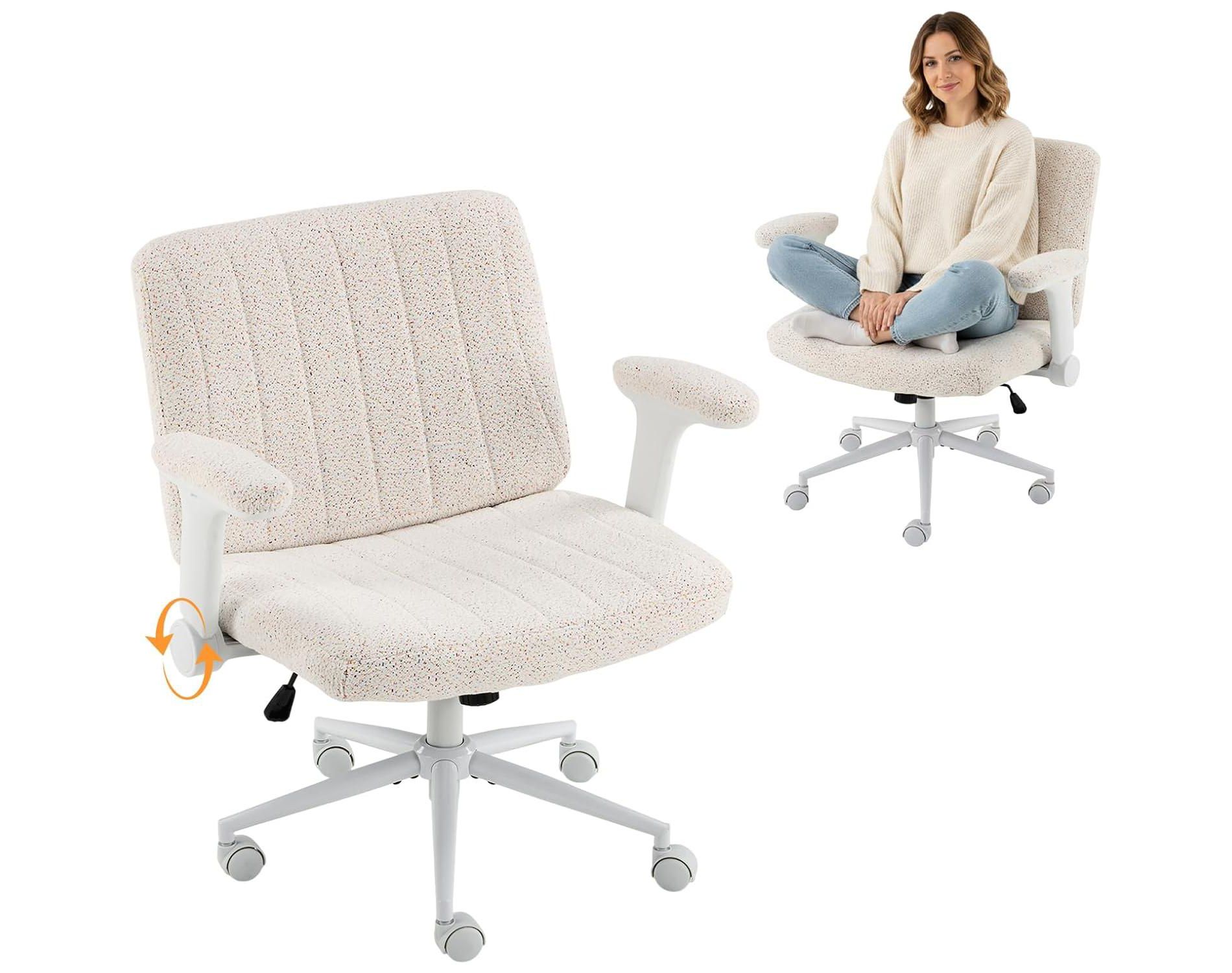 VINGLI Criss Cross Chair with Adjustable Flip-Up Arms,Cross Legged Chair with Wheels,Extra Wide Office Chair,Desk Chair for Home Office,Vanity