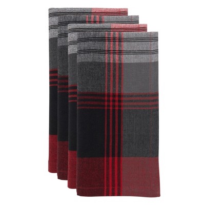 Red and Gray Cotton Plaid Table Napkins, Set of 4