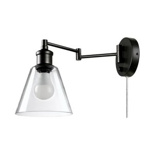 Globe Electric 10 Watt LED Plug In Wall Sconce Clear Glass Shade with 6 Foot Cord, Rotary On Off Switch on Canopy, and Hardware Kit, Dark Bronze - 1 of 4